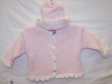 Hand Knit Pink Heart Button Cardigan & Hat