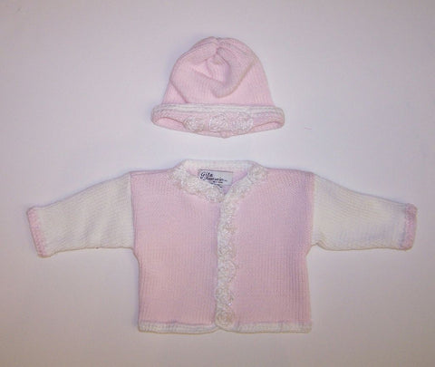 Hand Knit Pink/White Rosette Cardigan & Hat
