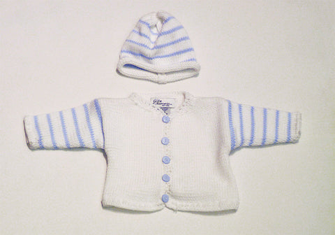 Hand Knit White/Blue Cardigan & Hat