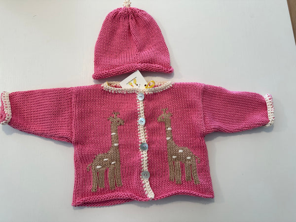 Hand Knit Pink Giraffe Cardigan & Hat