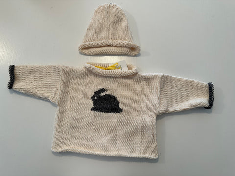 Hand Knit Grey Bunny on Ecru Rollneck Sweater & Hat