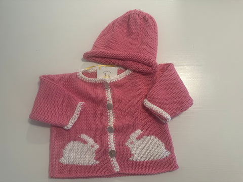 Hand Knit Pink Bunny Cardigan & Hat