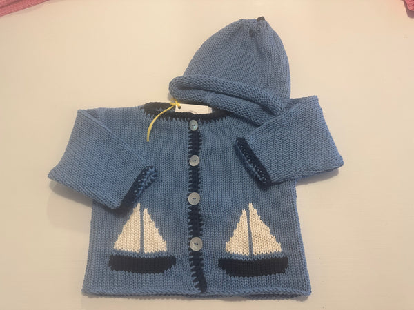 Hand Knit Blue Sailboat Cardigan & Hat