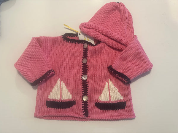 Hand Knit Pink Sailboat Cardigan & Hat