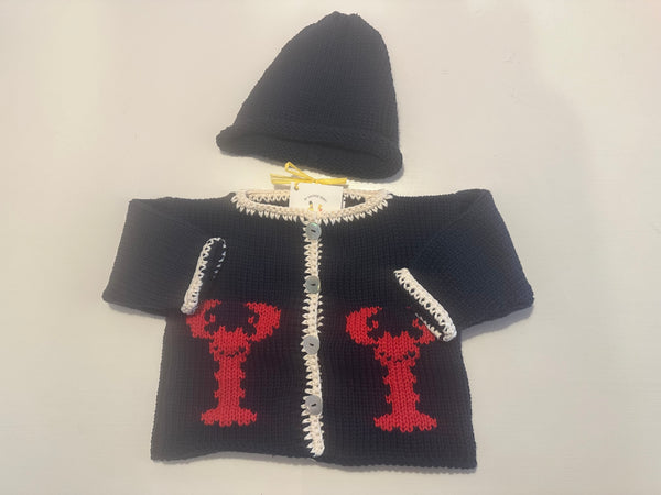 Hand Knit Navy Lobster Cardigan & Hat
