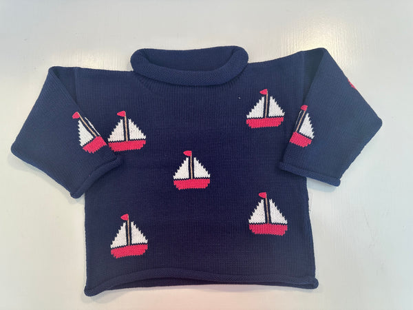 Navy & Pink Allover Sailboat Rollneck Sweater