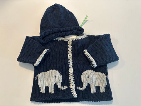 Hand Knit Blue Elephant Cardigan & Hat Set