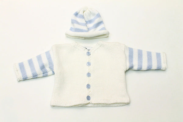 Hand Knit White/Blue Stripe Cardigan & Hat Set
