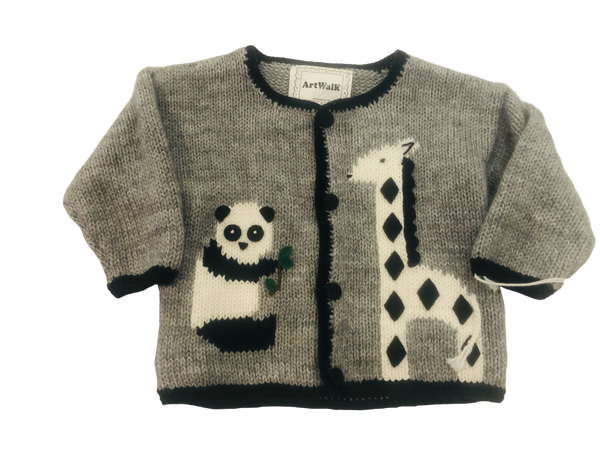 Art Walk Grey Knit Cardigan with Panda and Giraffe-