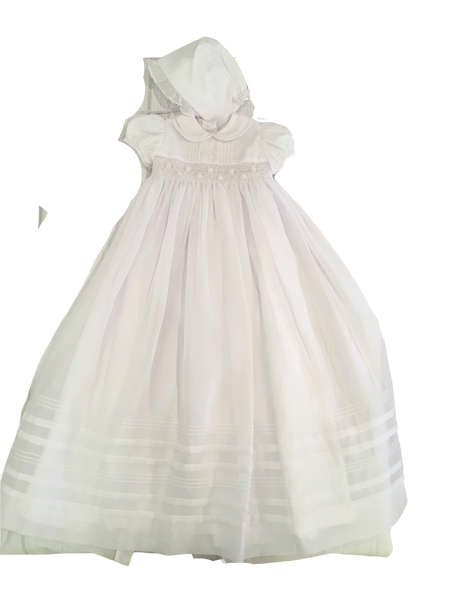 Will'Beth Long Christening Gown with Pearl Flowers and Overlay