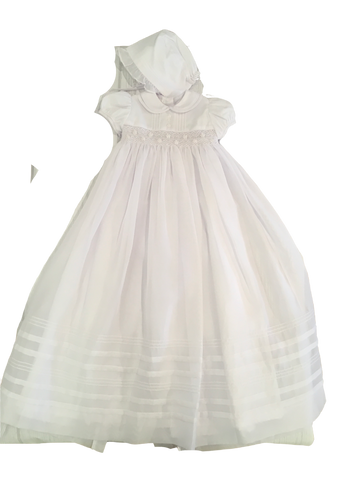 Will'Beth Long Christening Gown with Pearl Flowers and Overlay
